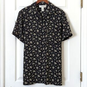 Jones New York 90's Vintage Floral Short Sleeve Button Down Blouse Black 10